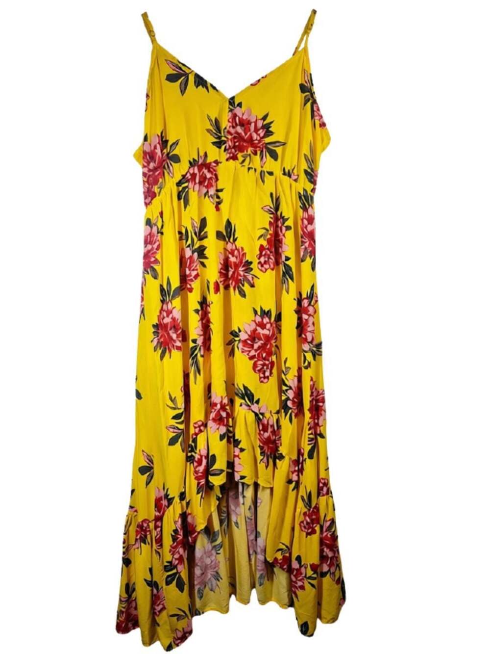 Pacific Vibes Women's XXL Yellow Floral High-Low Maxi Sundress Boho Ruffle